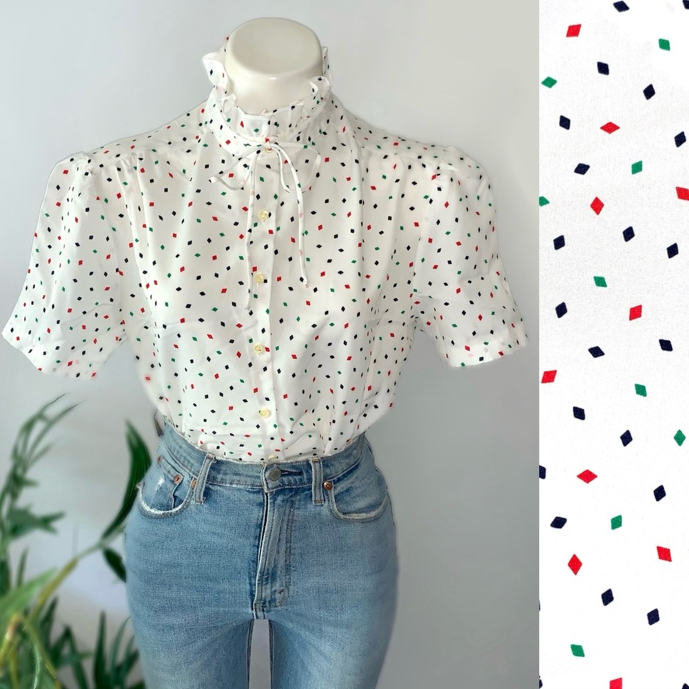 v i n t a g e :: Abstract Mod High Ruffle Neck Tie Blouse